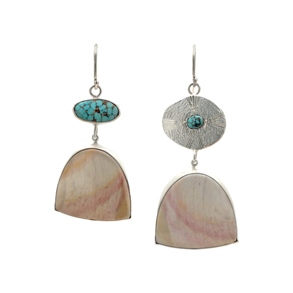 Turquoise and Petrified Wood Silver Drops