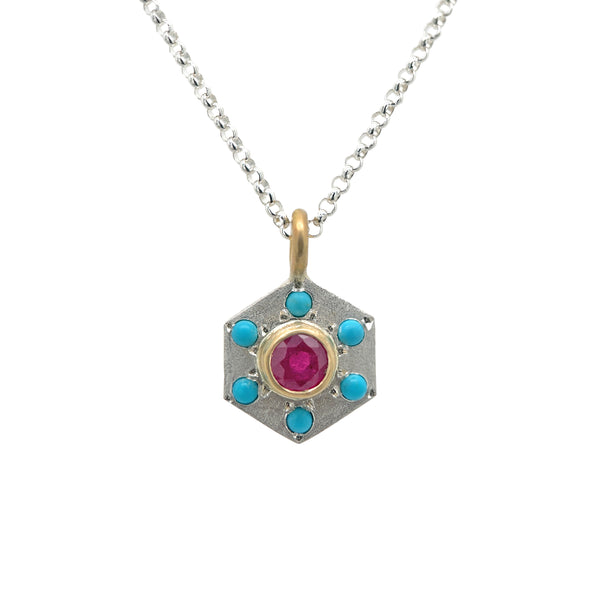 Ruby & Turquoise Hex Necklace