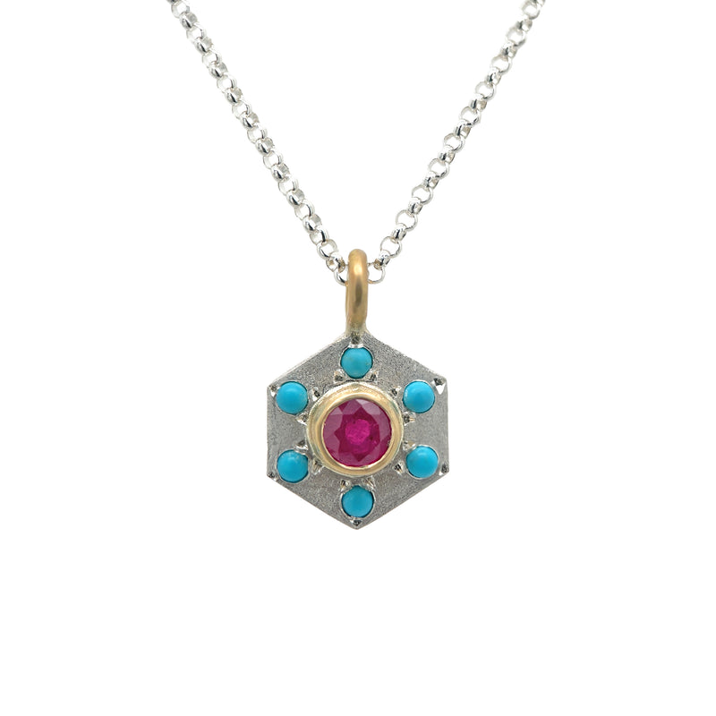 Ruby & Turquoise Hex Necklace